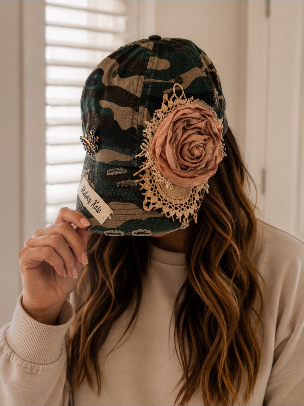 New KBETHOS Camo Baseball Cap with Blush Rose & Lace Decorated by Blueberry Kate